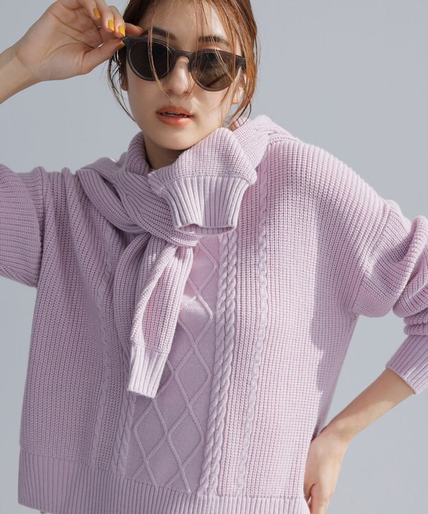 ANY SIS 【洗える】スフレハイネックケーブル ニット ペールピンク