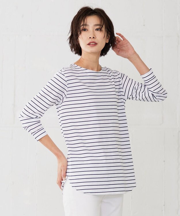 J.PRESS LADIES S ベーシックジャージー ボーダー ロングＴシャツ カットソー ホワイト系1