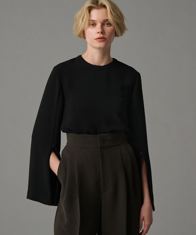 uncrave 【防シワ・洗濯機洗い可】ウォッシャブルダブルクロス スリットスリーブ ブラウス（uncrave STANDARD） ブラック