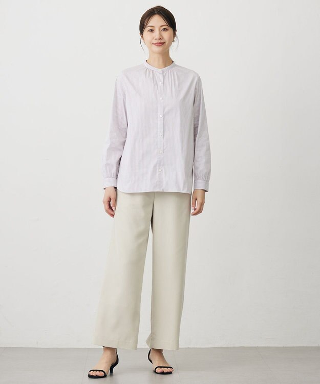 J.PRESS LADIES BEZ ドビーストライプ バンドカラー ブラウス ホワイト×ピンク×スレート系