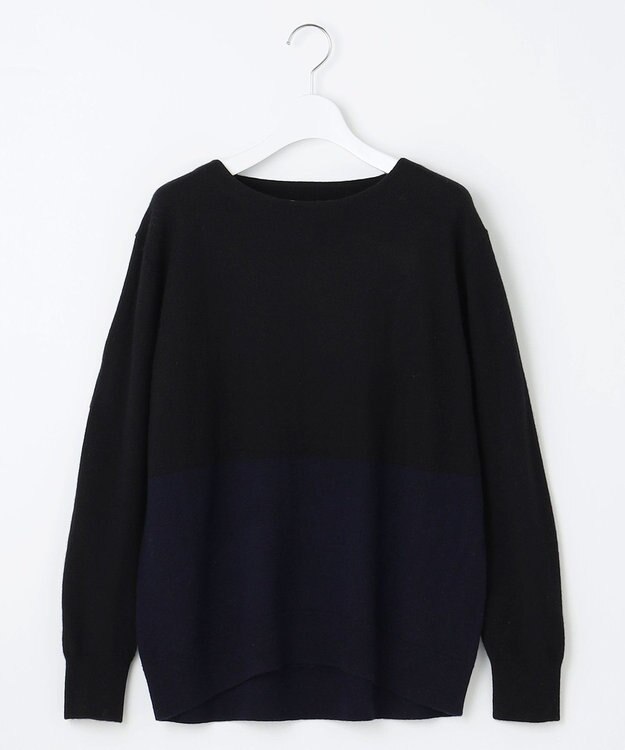 自由区 S 【洗える】セミウーステッドウールボートネック ニット ブラック×ダークネイビー