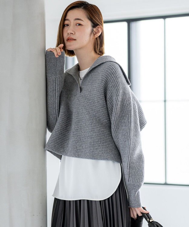 23区 S 【洗える】ウールカシミヤチャンキー クロップド スキッパーニット ライトグレー系