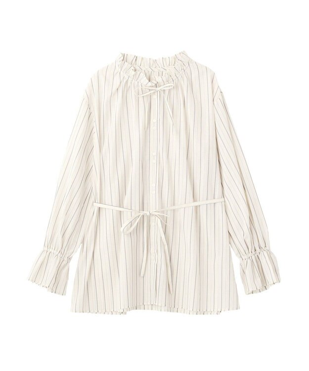 earth music&ecology 【イージーケア】TRキュプラダブルボタンフリルシャツ Stripe