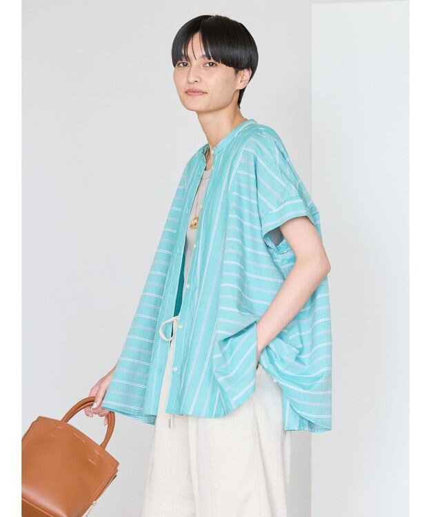 AMERICAN HOLIC 接触冷感フレンチスリーブ切り替えフレアブラウス Stripe Green