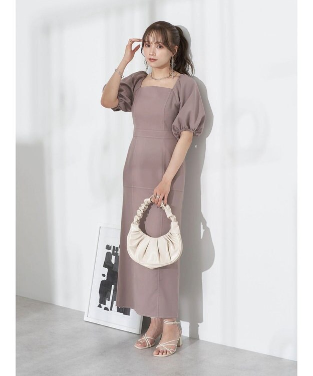 earth music&ecology 配色ステッチパフスリーブワンピース Mocha