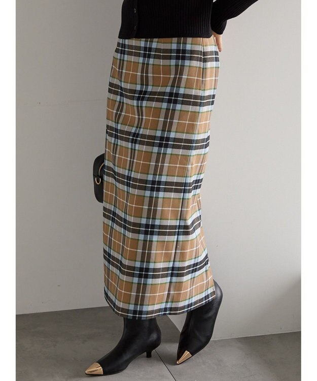 Te chichi チェックナロースカート キャメル