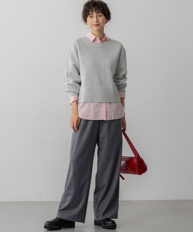 23区 L 【洗える】ハイカウントフラノ ドロスト ワイド パンツ ライトグレー系