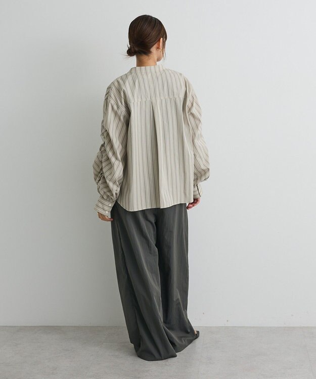 CRAFT STANDARD BOUTIQUE 袖シャーリングバンドカラーシャツ Stripe Beige