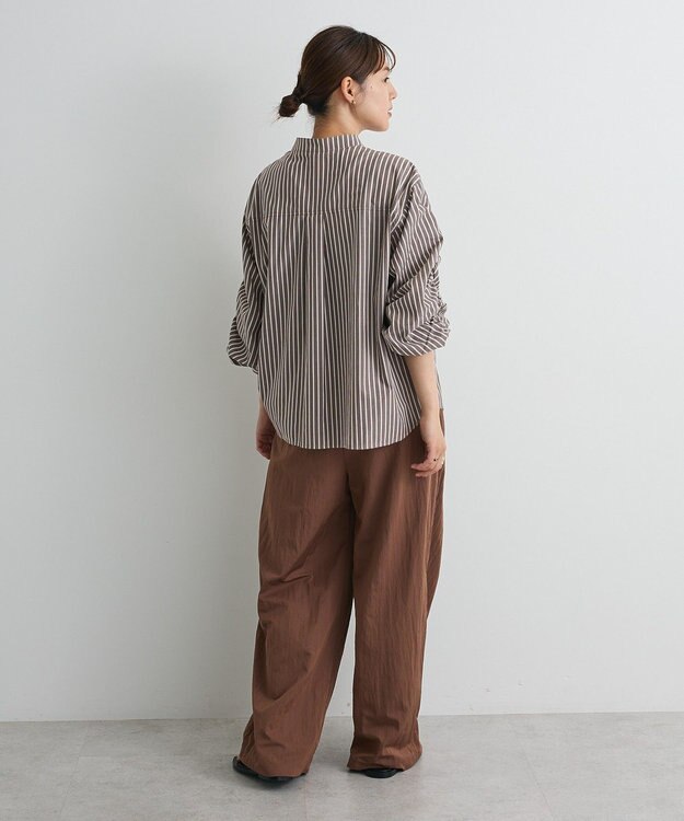 CRAFT STANDARD BOUTIQUE 袖シャーリングバンドカラーシャツ Stripe Brown
