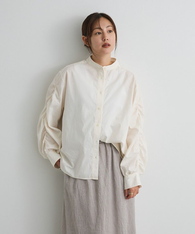 CRAFT STANDARD BOUTIQUE 袖シャーリングバンドカラーシャツ Off White
