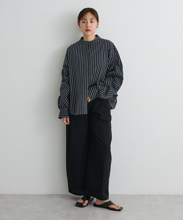 CRAFT STANDARD BOUTIQUE 袖シャーリングバンドカラーシャツ Stripe Navy