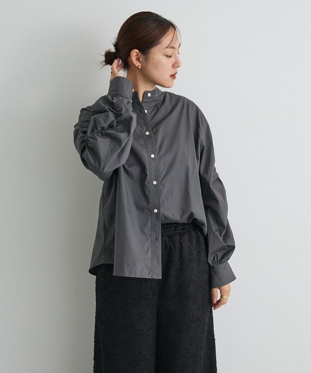CRAFT STANDARD BOUTIQUE 袖シャーリングバンドカラーシャツ Charcoal Gray
