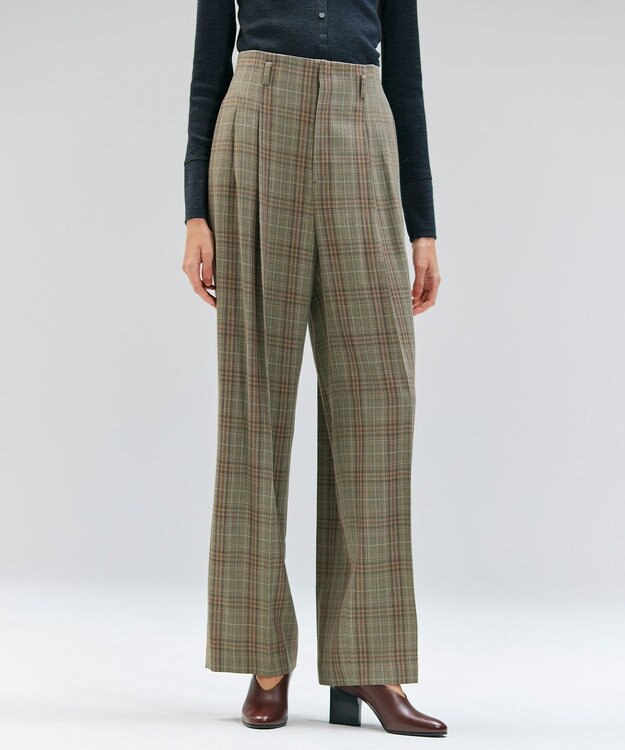 BEIGE， SELMA / チェックウールハイウエストタックパンツ Camel × Nude