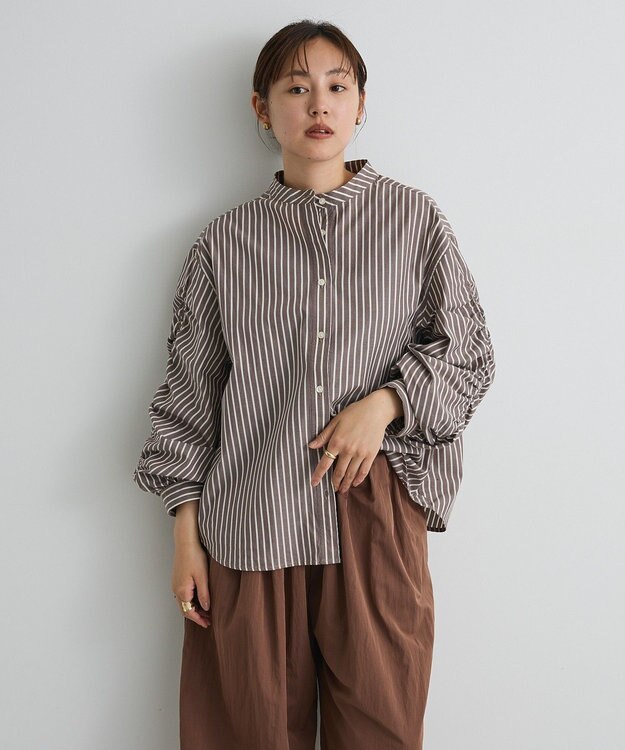CRAFT STANDARD BOUTIQUE 袖シャーリングバンドカラーシャツ Stripe Brown