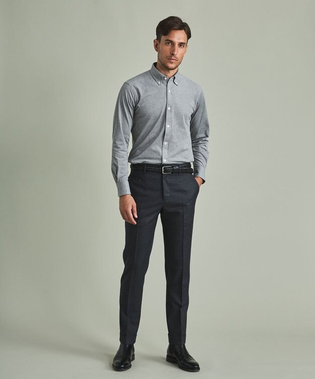 GOTAIRIKU 【吸水速乾】クールマックス鹿の子 ビズシャツ_ボタンダウン ライトグレー系