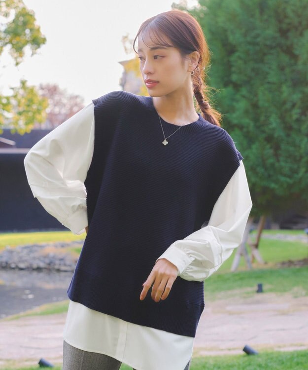 Tiaclasse L 【新色追加・2way・洗える】シャツドッキングニットベスト ネイビー