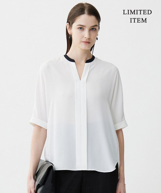 ICB 【人気のため新色追加・WEB限定・接触冷感・UVケア・速乾・洗える】BackSatinAmunzen 5分袖キーネックブラウス オフホワイト×ブラック系