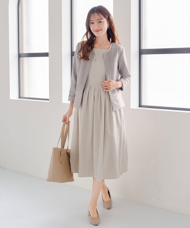 Tiaclasse 【小倉優子さん着用】【洗える】ピンタックノーカラージャケット グレージュ