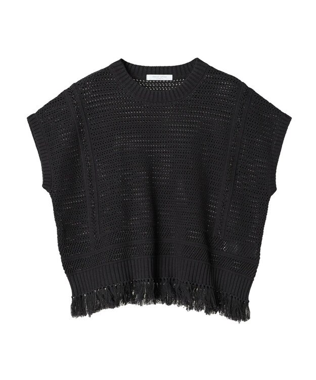 Green Parks 裾フリンジメッシュニットプルオーバー Black