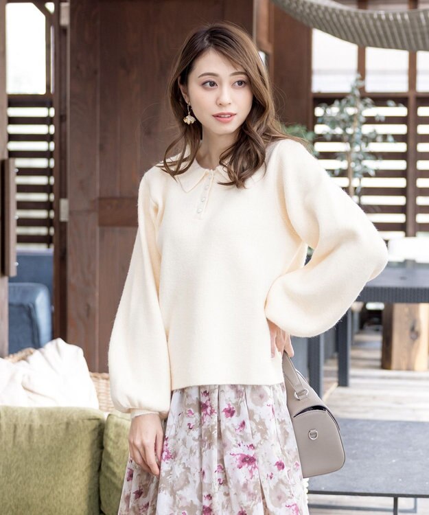 Tiaclasse L 【洗える】衿付きパフ袖ニット アイボリー