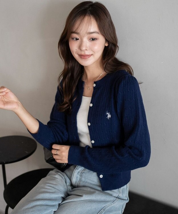 WEGO 【WEB限定/25年秋冬新作】別注USPOLOケーブルニットカーデ ネイビー