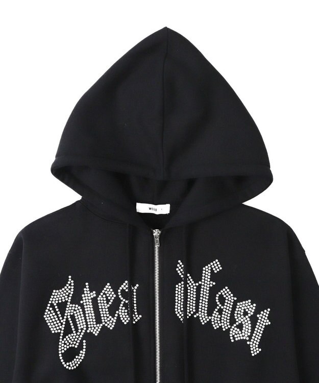 WEGO 【裏起毛】ラインストーン裏起毛ショートジップパーカー ブラック