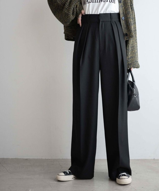 WEGO ハイウエストタックワイドスラックパンツ ブラック