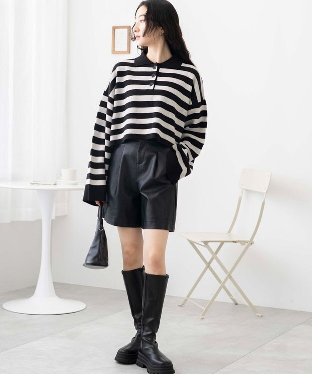 WEGO ボーダーニットポロ ブラックボーダー