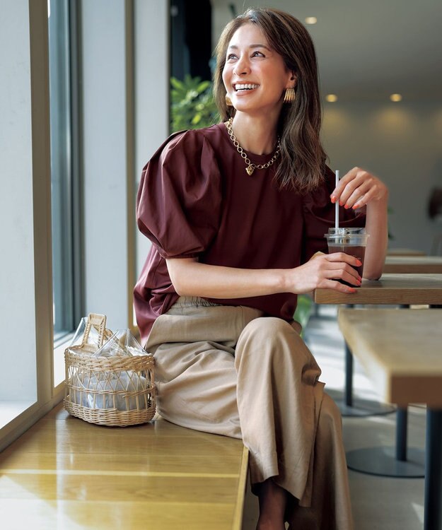 UNFILO 【洗える】リネンミックスツイル ワイドパンツ ベージュ