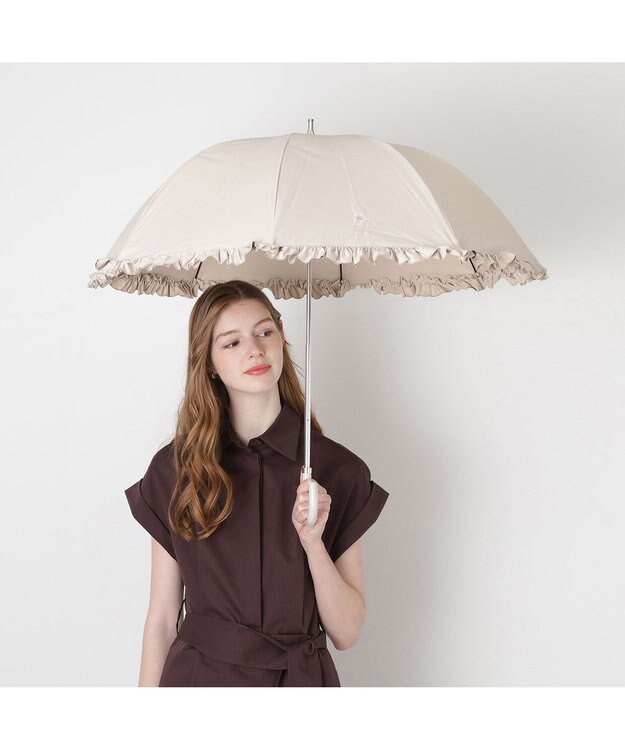 MOONBAT 【日傘】ポール & ジョー (PAUL & JOE　ACCESSOIRES) クリザンテームワンポイント フリル 雨の日OK スライド式 一級遮光 遮熱 UV ベージュ