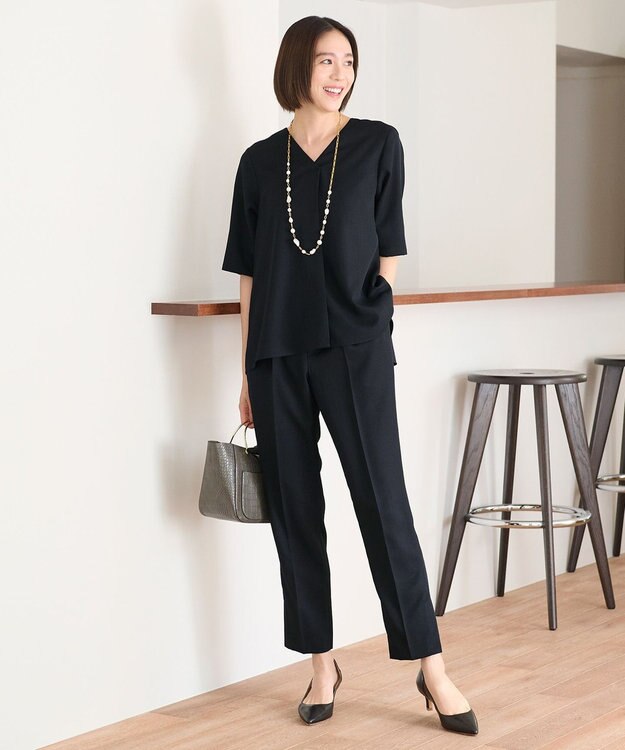 自由区 【接触冷感・速乾・UVケア・撥水・防シワ・XSサイズあり】リネンライクツィルテーパード パンツ ネイビー系