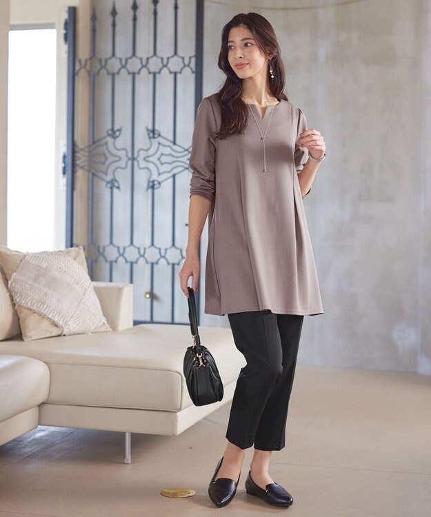 Tiaclasse 【洗える】キーネックバックツイストポンチチュニックブラウス ピンクモカ