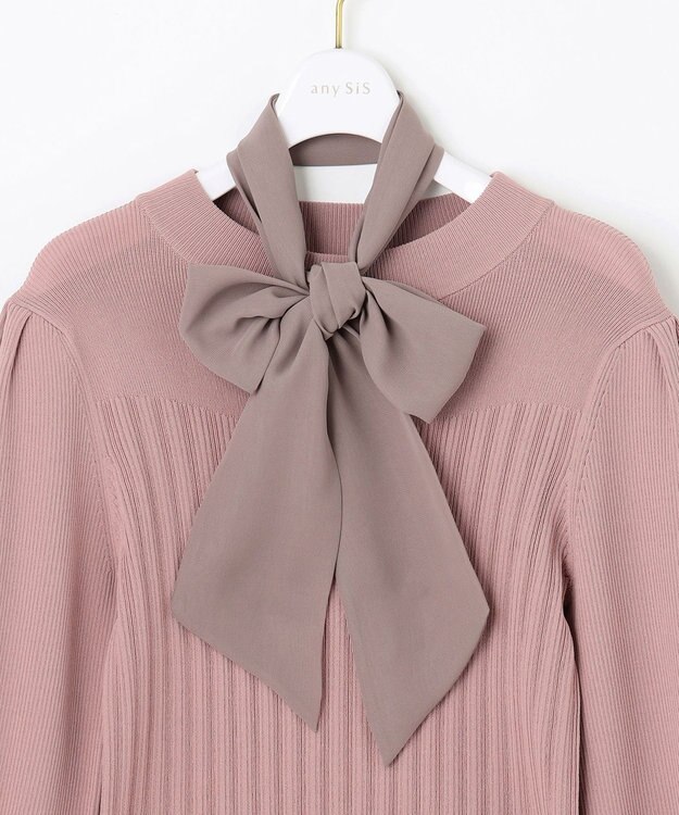 ANY SIS 【2WAY】リボン付き パフスリーブリブ ニット スモーキーピンク