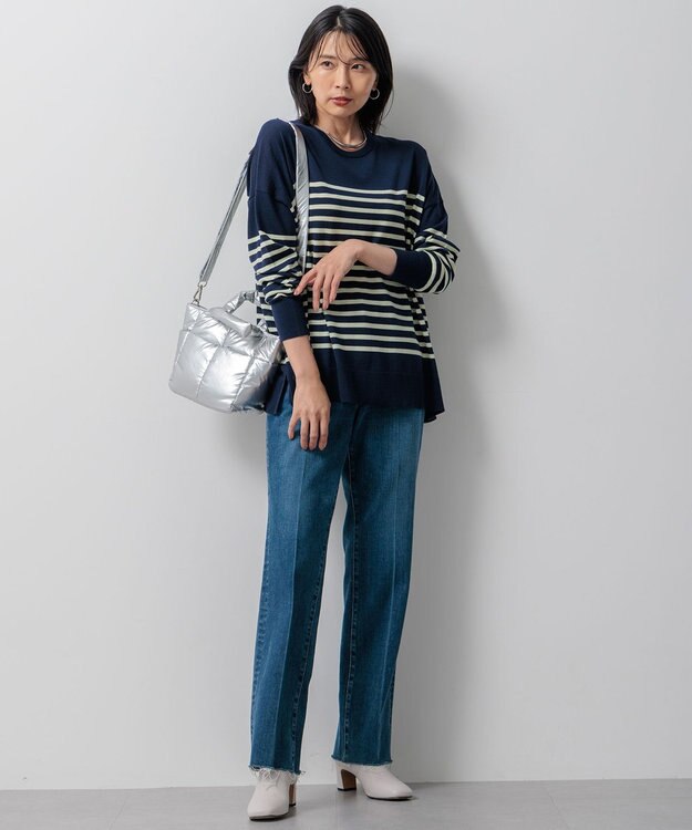 23区 【WEB限定カラーあり/洗える】ウーステッドウール ワイドシルエット ニット [WEB限定]ネイビー×アップル