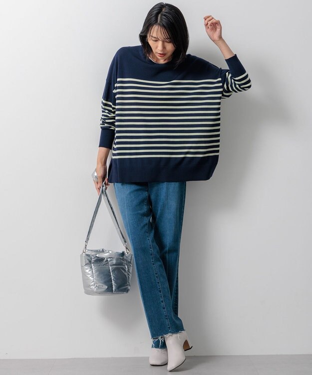 23区 L 【WEB限定カラーあり/洗える】ウーステッドウール ワイドシルエット ニット [WEB限定]ネイビー×アップル