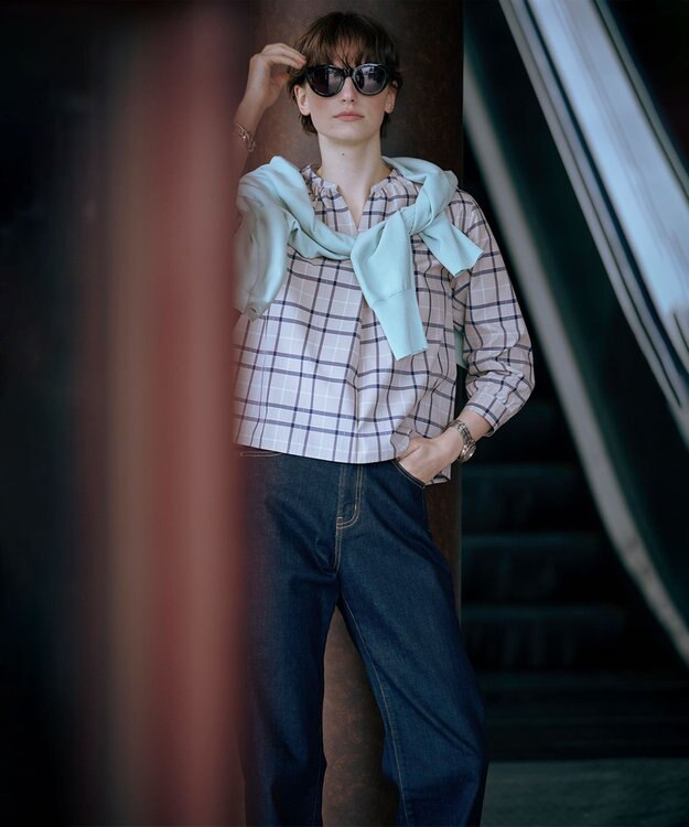 J.PRESS LADIES 【洗える】コンパクトチェック スタンドカラー ブラウス ベージュチェック系