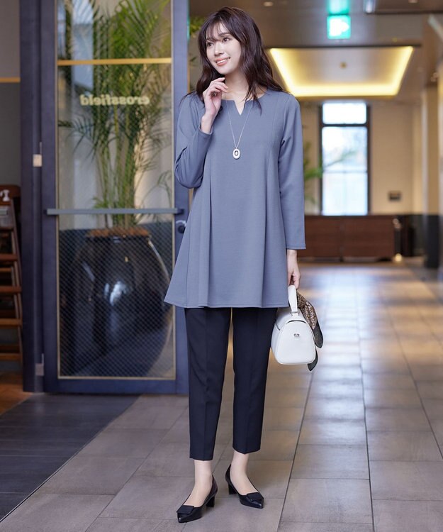 Tiaclasse 【洗える】キーネックバックツイストポンチチュニックブラウス ブルー