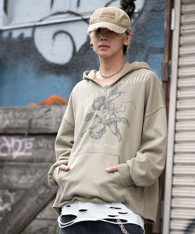 WEGO 【ユニセックス着用ITEM】ヴィンテージグラフィックキーネックプルパーカー ベージュその他