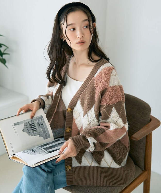 earth music&ecology ループ編みアーガイルカーディガン Mocha