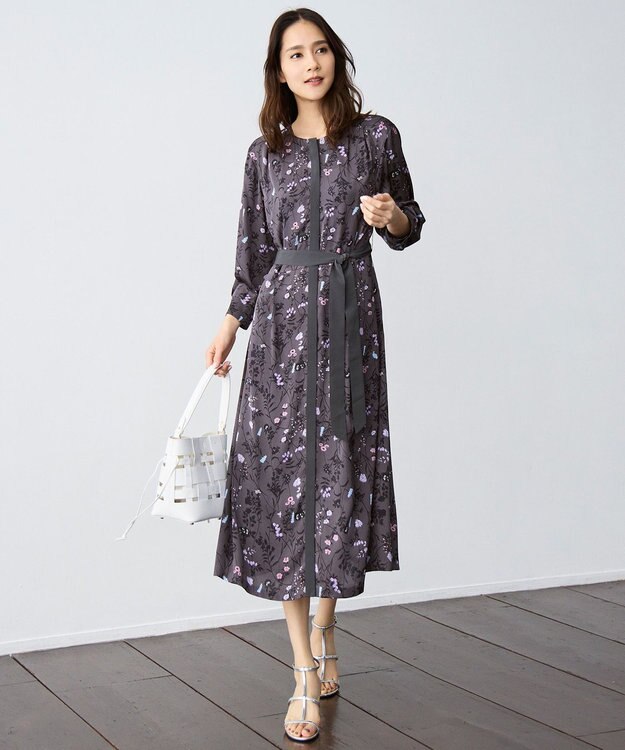 自由区 S 【WEB&一部店舗限定】ハーバルフロープリント8分袖 ワンピース [新色]チャコール