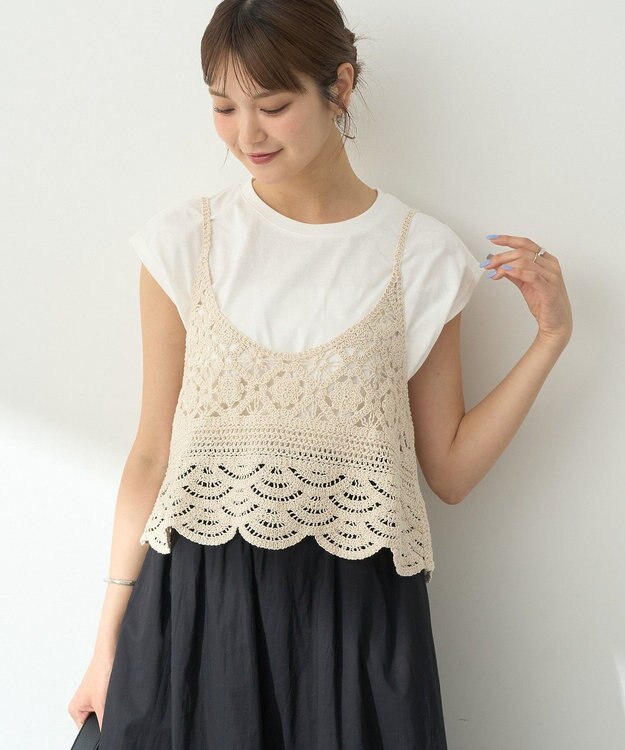 earth music&ecology ＳＥＴ２点　クロシェキャミ＋ノースリーブプルオーバー Ecru