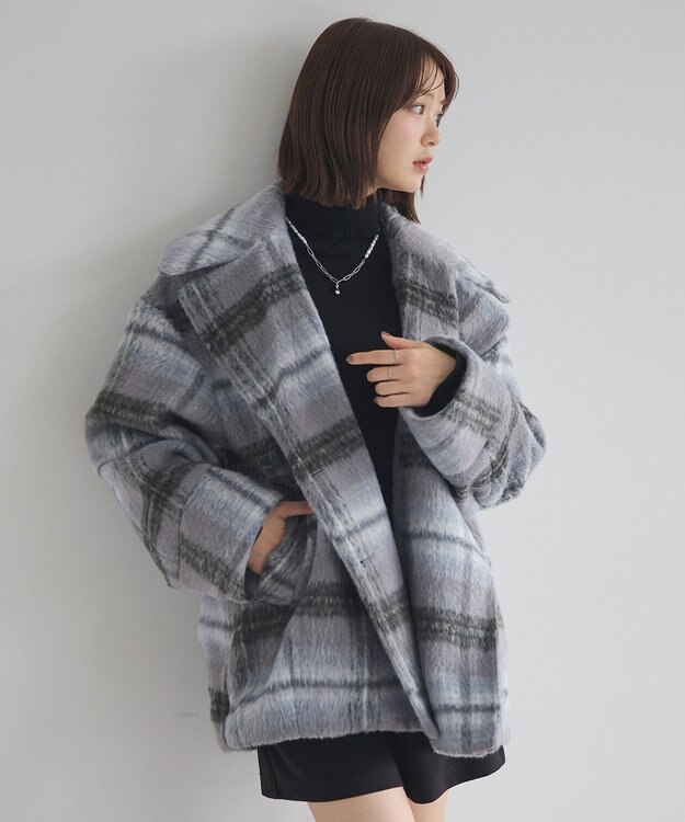earth music&ecology チェックシャギーコート Check Gray