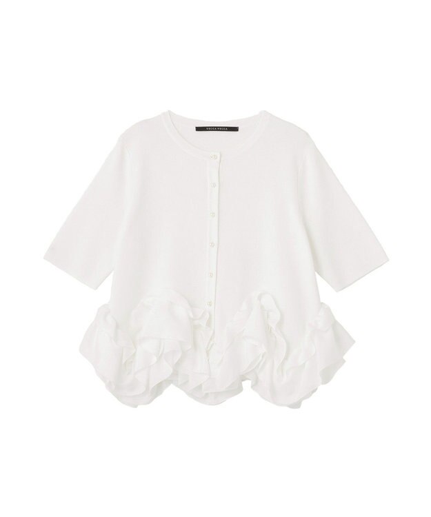 YECCA VECCA パール釦ラッフル5分袖カーディガン Off White
