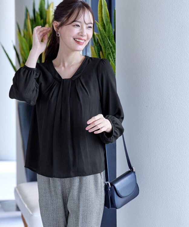 Tiaclasse 【スマート裏起毛】 ボウタイ風ブラウス ブラック