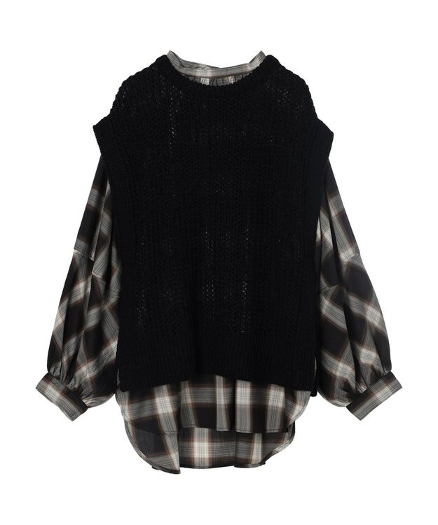 AMERICAN HOLIC ＳＥＴ　ボリュームスリーブシャツ＋ニットベスト Check Black
