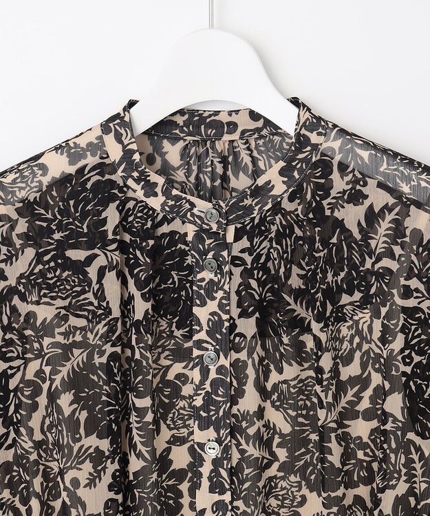 23区 L ボタニカルプリント フレア ワンピース ベージュ×ブラックプリント