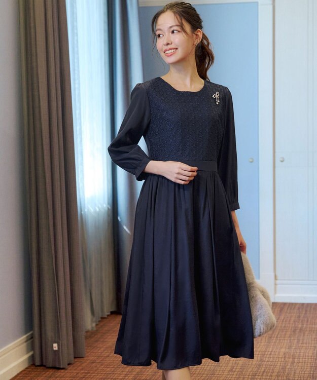 Tiaclasse L 【洗える】レース切替ワンピース ネイビー