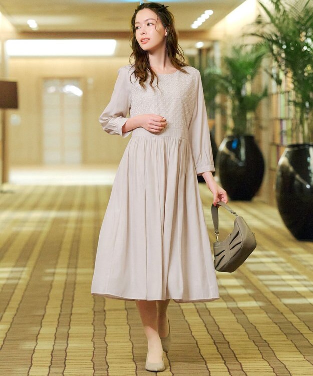 Tiaclasse L 【洗える】レース切替ワンピース ライトベージュ