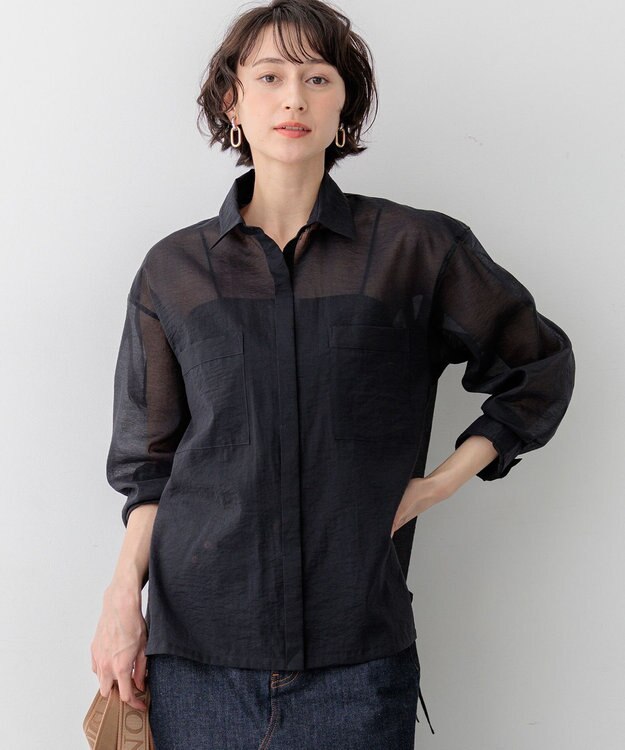23区 【先行予約/見上愛さん着用】ナイロンコットンシアーボイル ドロストシャツ ネイビー系