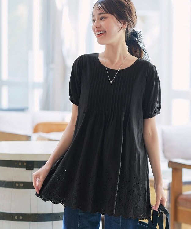 Tiaclasse 【洗える】パンチングレースピンタックチュニックブラウス ブラック